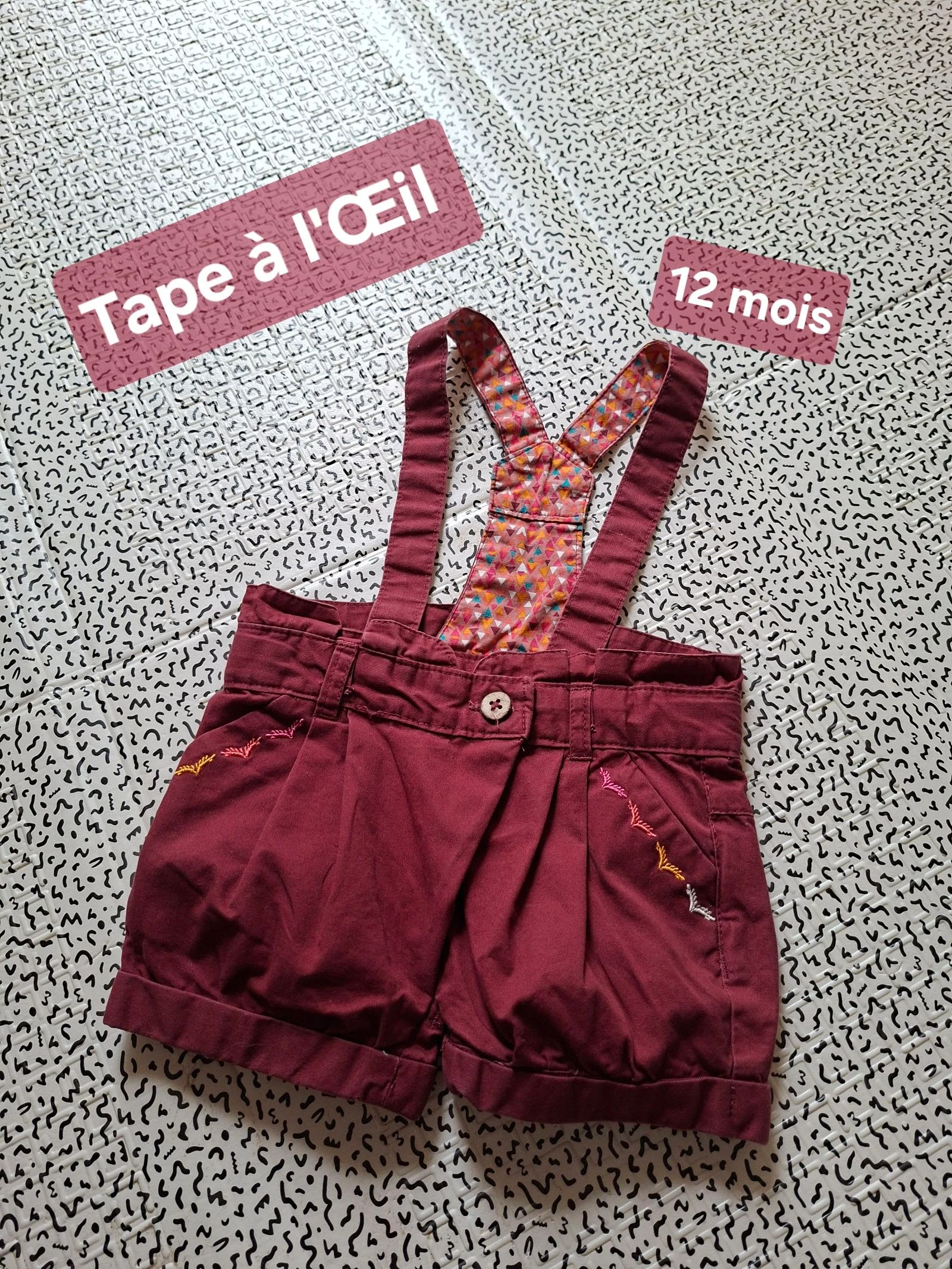 Short à bretelles Tape à l'Œil 12 mois 74 cm bordeaux coton brodé fille